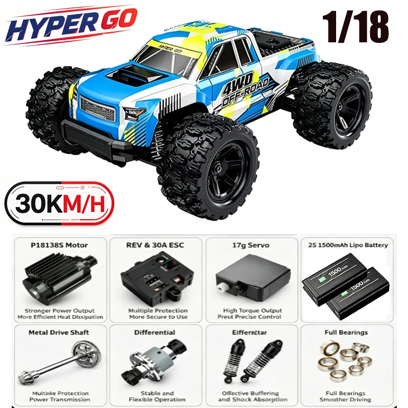 Фото Радиоуправляемая машинка MJX HYPER GO 1:18 Mini Monster 18208, высокоскоростной монстр-трак, внедорожник с двойным корпусом, игрушка для мальчиков, RTR №1