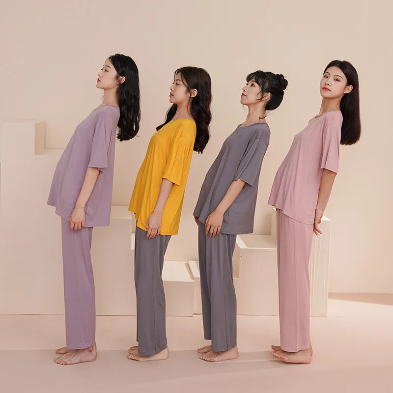 

Solid Color Home Clothes Round Neck Short Sleeve Sleepwear Ladies Soft Modal Pajamas Shirt Long Pant Casual 2Pcs Nightwear suits