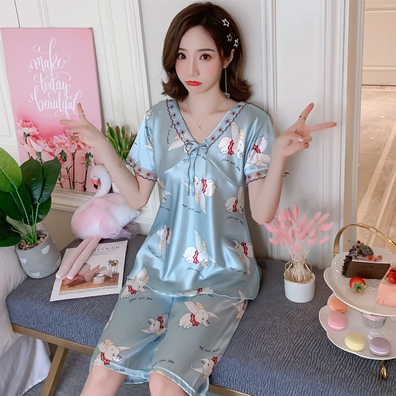 Summer new pajamas women V-neck ice silk ins home service short-sleeved shorts suit thin sexy Korean princess style pajamas