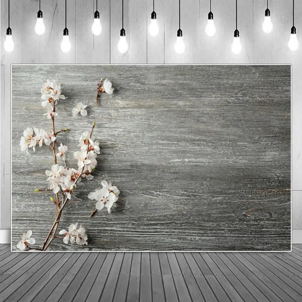 

Custom Gray Wooden Board Floral Flowers Peach Blossom Photography Backdrops Kids Home Studio Plank Decoration Photo Backgrounds