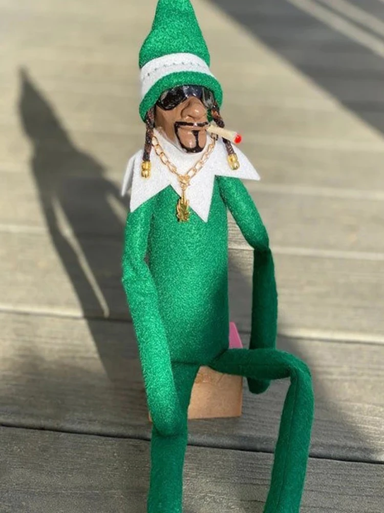 

10IN Christmas Elf Wearing Sunglasses and Holding Snoop on A Stoop Doll Cigarette on The Shelf Stuff Doll Home Decoration Crafts