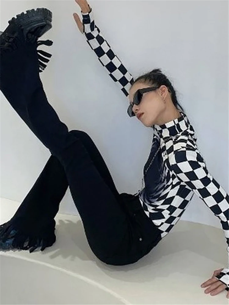 Женская клетчатая водолазка Shestyle базовая футболка в шахматную клетку с высоким