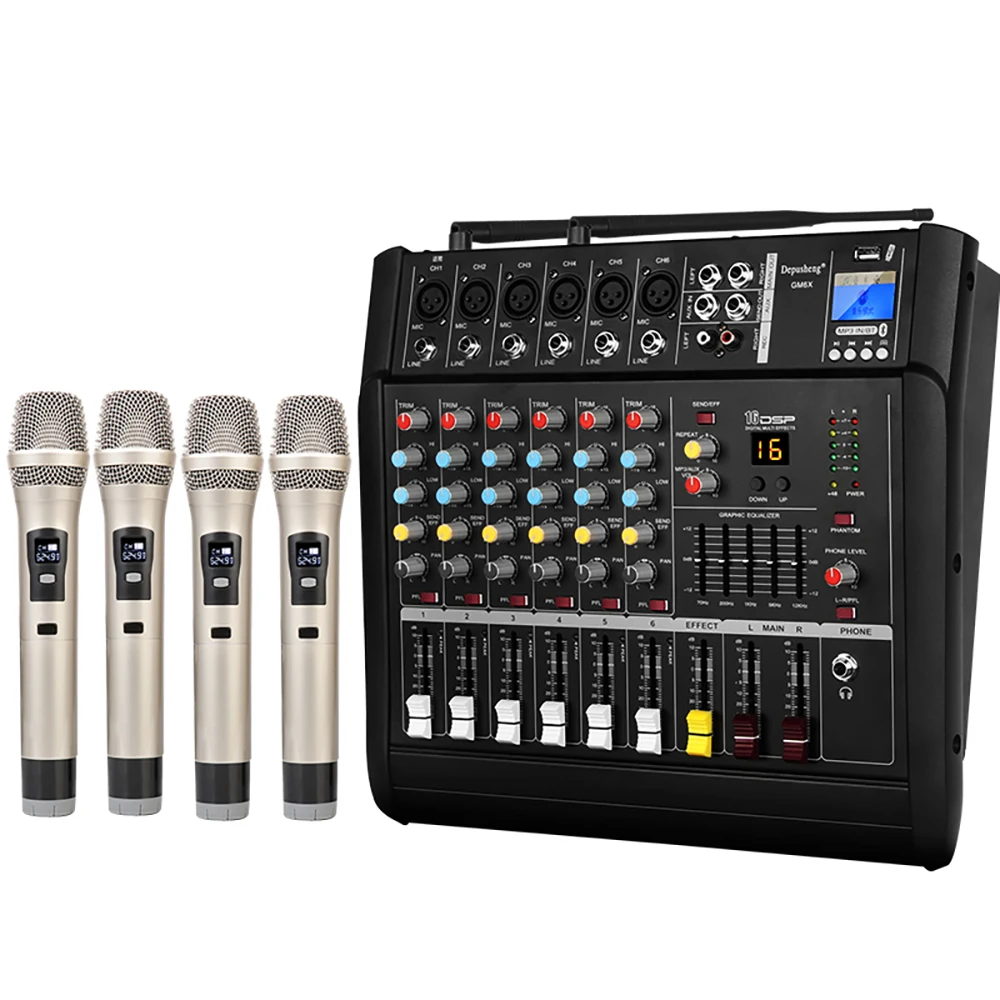 

High Quality 6 Channel USB Digital DJ Amplifier Audio Mixer with 4 Wireless Microphones