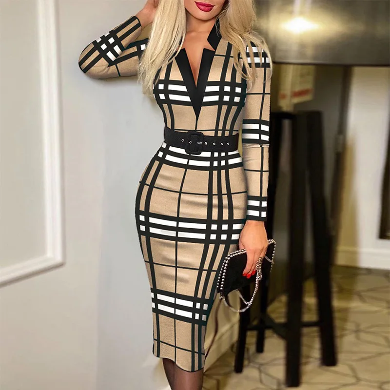 

2023 Autumn New Dresses For Women Long Sleeve Color Printed V-neck Bandage Slim Sexy Vestidos Ladies Fashions Tight Dress MsChuh