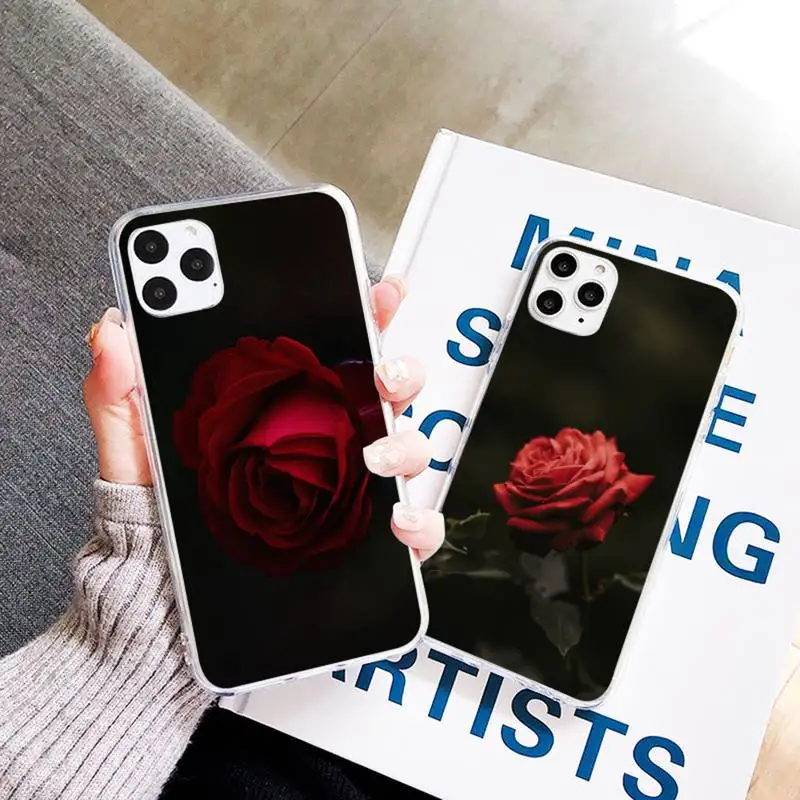 

Bright Red Rose Flowers pattern Phone Case Transparent soft For iphone 12 11 13 7 8 6 s plus x xs xr pro max mini