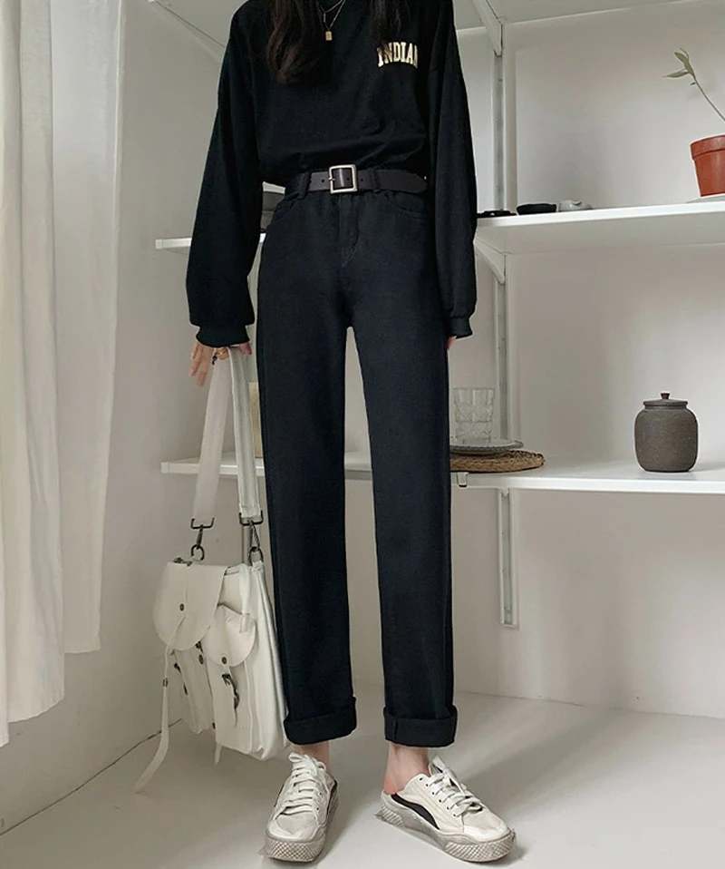 Black New Women Fleece High Waist Straight Jeans Slim Body Wide Leg Daddy Pants 2021 Woman Korea Plush Jean Oversize Denim Pant