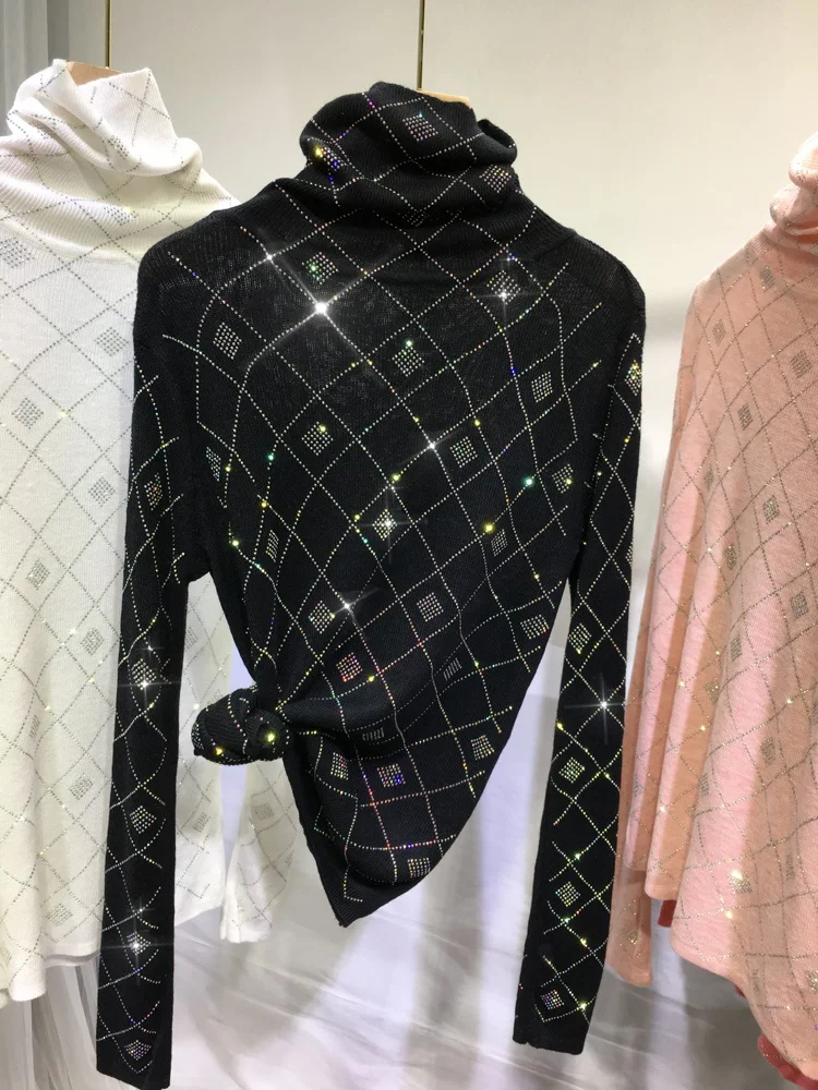 

Blingbling Hot Drilling Plaid Women Bottoming Shirt Slim Stretch Long Sleeve Pullovers Top Autumn Winter Black Knitted T-shirt