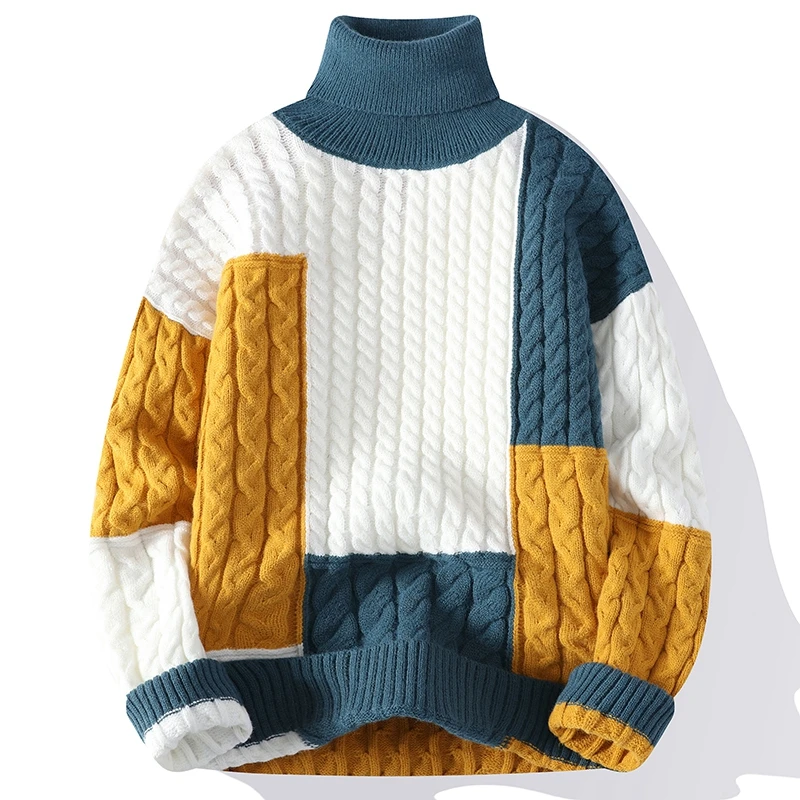 Winter Korean Handsome Patchwork Turtleneck Sweater Men Clothing High End Mens Christmas Sweaters Thick Warm Pull Homme