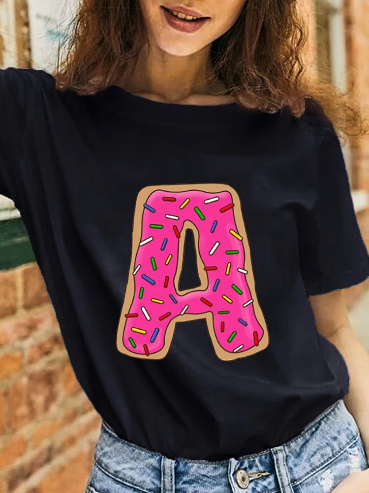 

Black Woman Clothes T-shirts ABCD Leter Print Short Sleeve Plant Top Female Cute Cartoon Casual Fashion Graphic Regular Tshirt