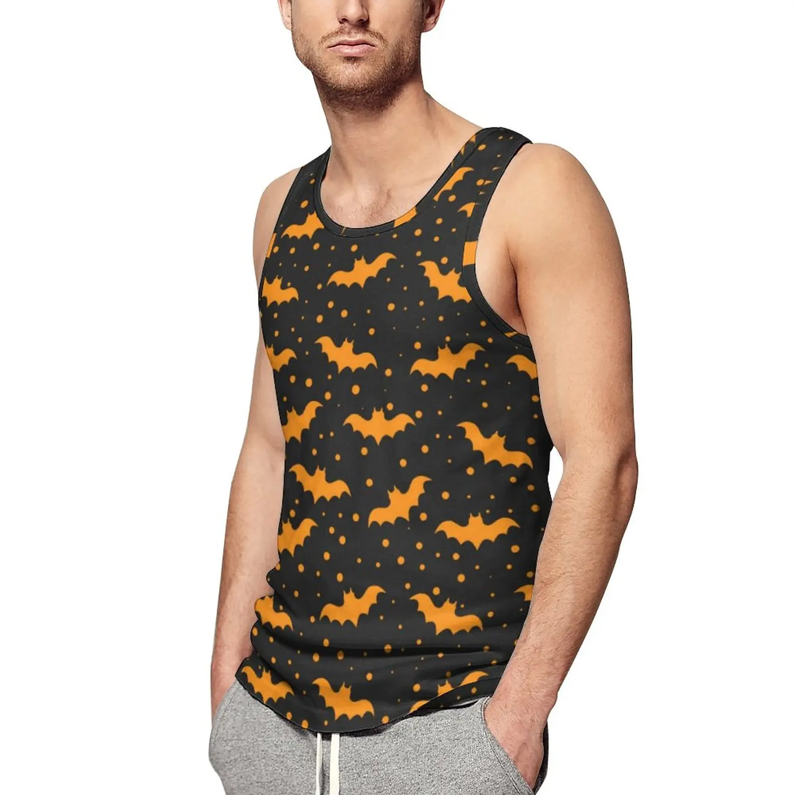 

Orange Bats Print Tank Top Males Black Halloween Muscle Tops Summer Bodybuilding Graphic Sleeveless Vests Large Size 4XL 5XL