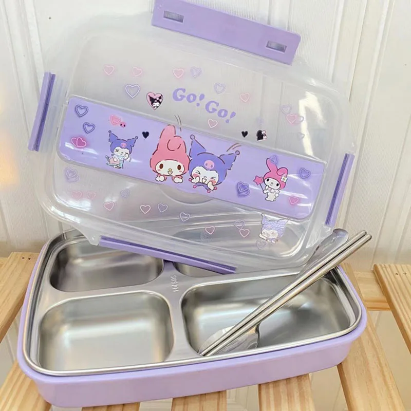 

Kawaii Sanrio Lunch Box Hellokittys Kuromi My Melody Cinnamoroll Cartoon Stainless Steel Dinner Plate Tableware for Kids Gifts