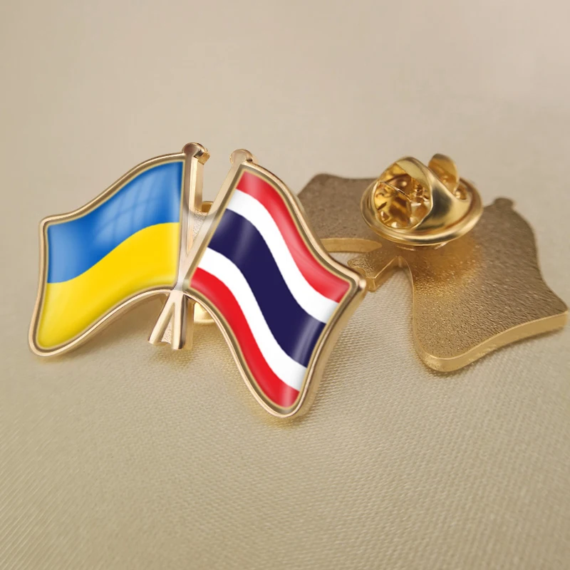 

Ukraine and Thailand Crossed Double Friendship Flags Lapel Pins Brooch Badges