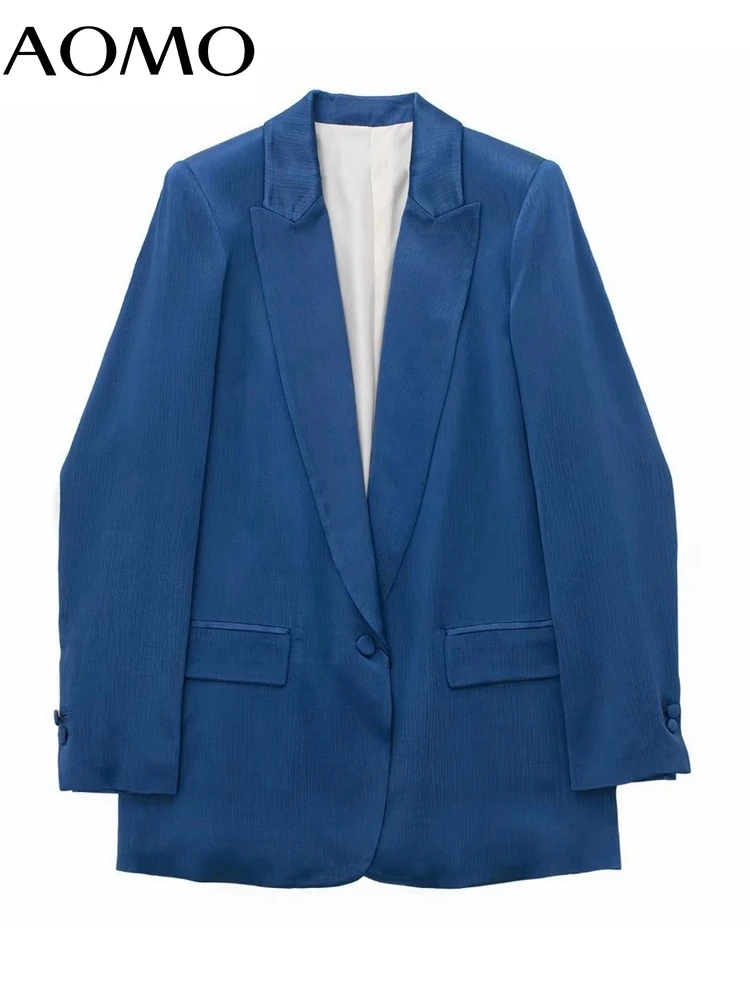 

AOMO 2022 Women Vintage Blue Elegant Blazer Female Long Sleeve Jacket Ladies Blazer Suits 3H361A