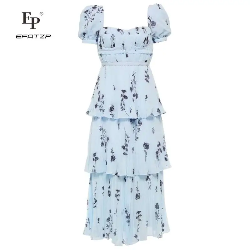 

EFATZP Elegant Dresses 2022 Summer New Arrive Printed Women Midi Dress Square Collor Short Sleeve Pleated Fairy Dress