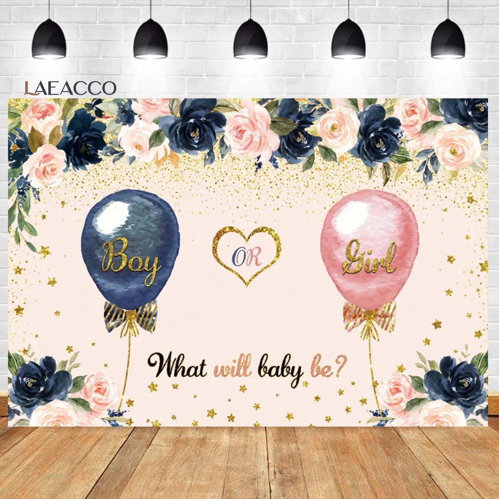 

Laeacco Balloon Boy Or Girl Gender Reveal Photography Backdrop Watercolor Flower Star Baby Shower Portrait Customized Background