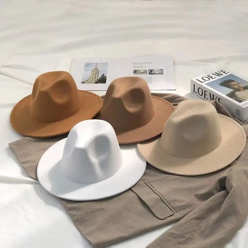 

7cm Fedoras Hats for Women Solid Color Panama Hat Imitation Woolen Jazz Cap European American Bowler Hats Elegant Ladies Caps