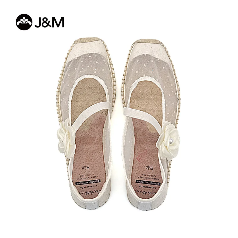 J&M Women Fisherman Shoes Espadrilles Round Toe Ballets Flat Rubber Hemp Slip-on Casual Mesh Lace Rose Dress Zapatillas Sapatos