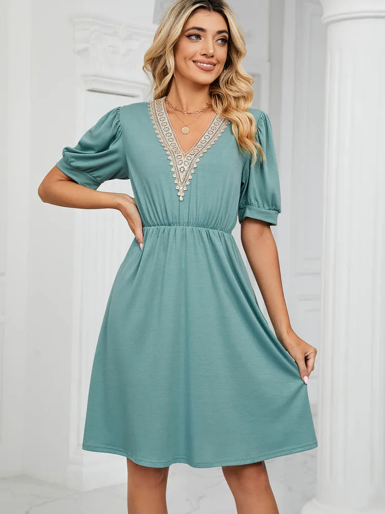 

Elegant Vestidos New Women's Dress 2023 Lace Stitching V-neck Short Sleeve Pocket Retraction Waist Dress Fashion Casual Dresses