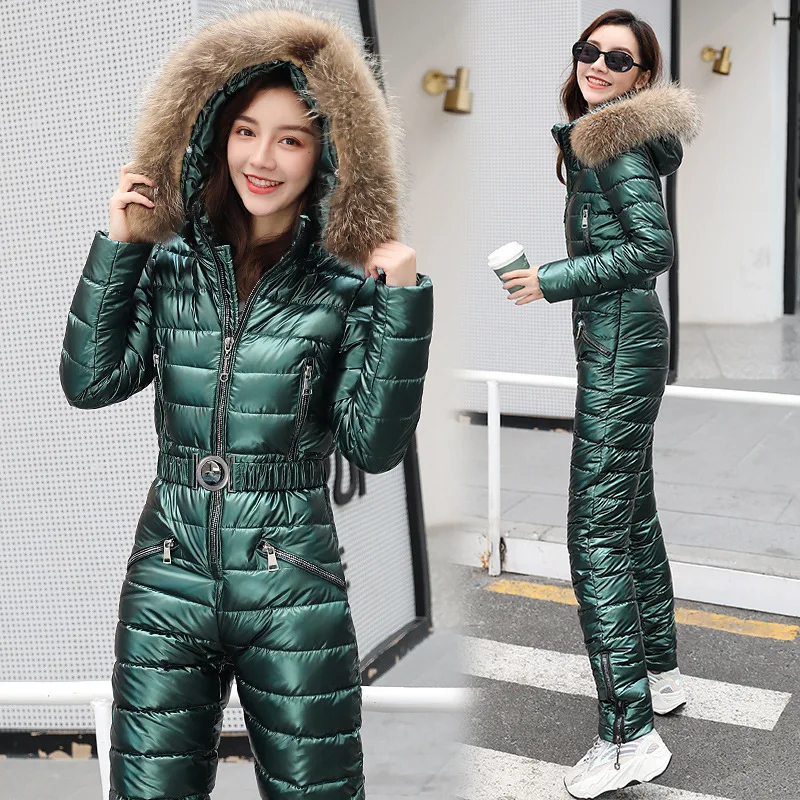 New Winter Women's Hooded Jumpsuits Parka Cotton Padded Warm Sashes Ski Suit Straight Zipper One Piece Casual Tracksuits
