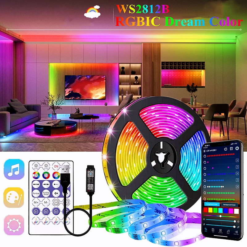WS2812B 1M-20M LED Strip Light RGB 5050 DC 5V USB String Flexible Lamp Tape Bluetooth Control TV Backlight Home Party Decoration