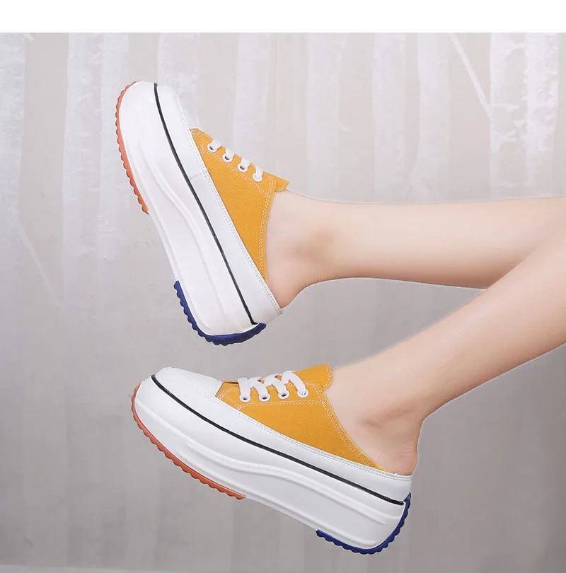 

2022 Spring Summer New Half Slippers Baotou Without Heel Inside Increase Women's Platform Sneakers Outdoor Canvas Walking Shoes