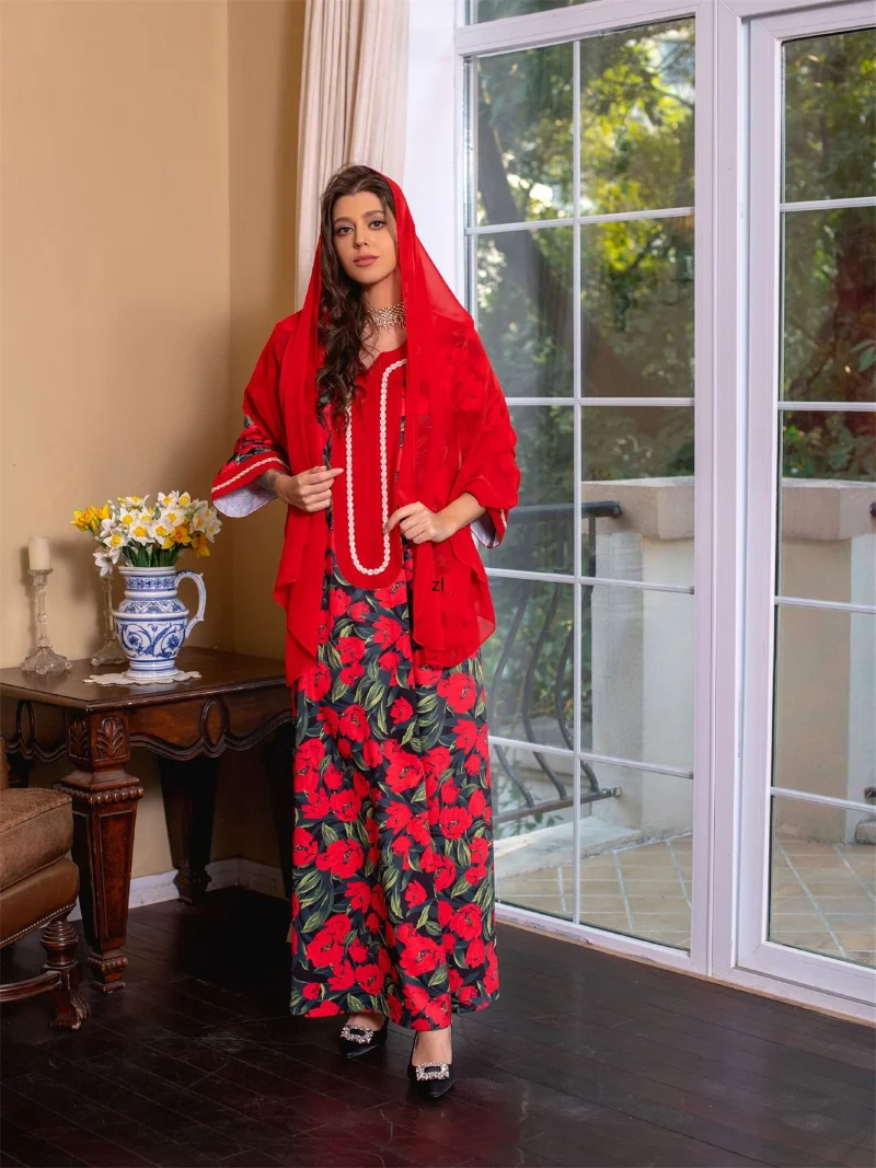 Abaya Dubai Turkey Muslim Hijab Dress Floral Printed Dress Luxury Diamonds V-neck Patchwork Long Sleeve Ramadan Clothes Spring