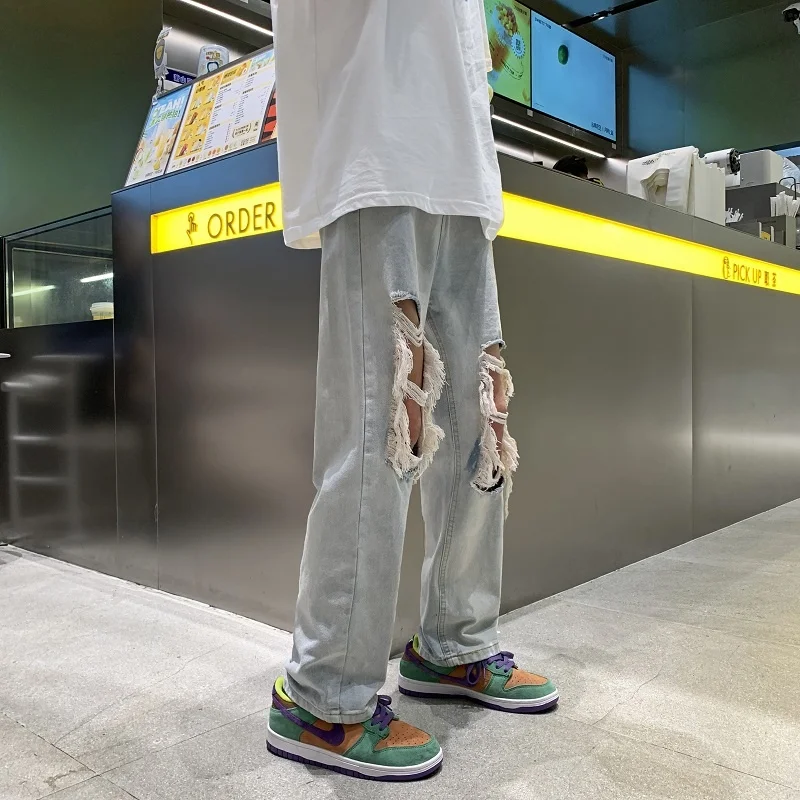 Summer Blue Ripped Jeans Men Fashion Casual Straight Jeans Men Streetwear Loose Hip Hop Hole Denim Pants Mens Trousers S-3XL