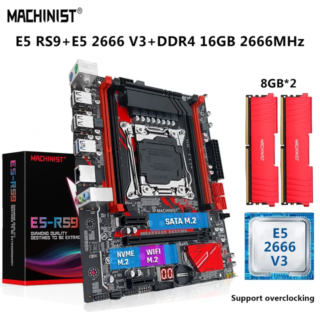 MACHINIST X99 Motherboard LGA 2011-3 Set Kit Xeon E5 2666 V3 CPU Processor 16G=2*8G DDR4 2666MHz RAM Combo SATA NVME M.2 E5 RS9 1