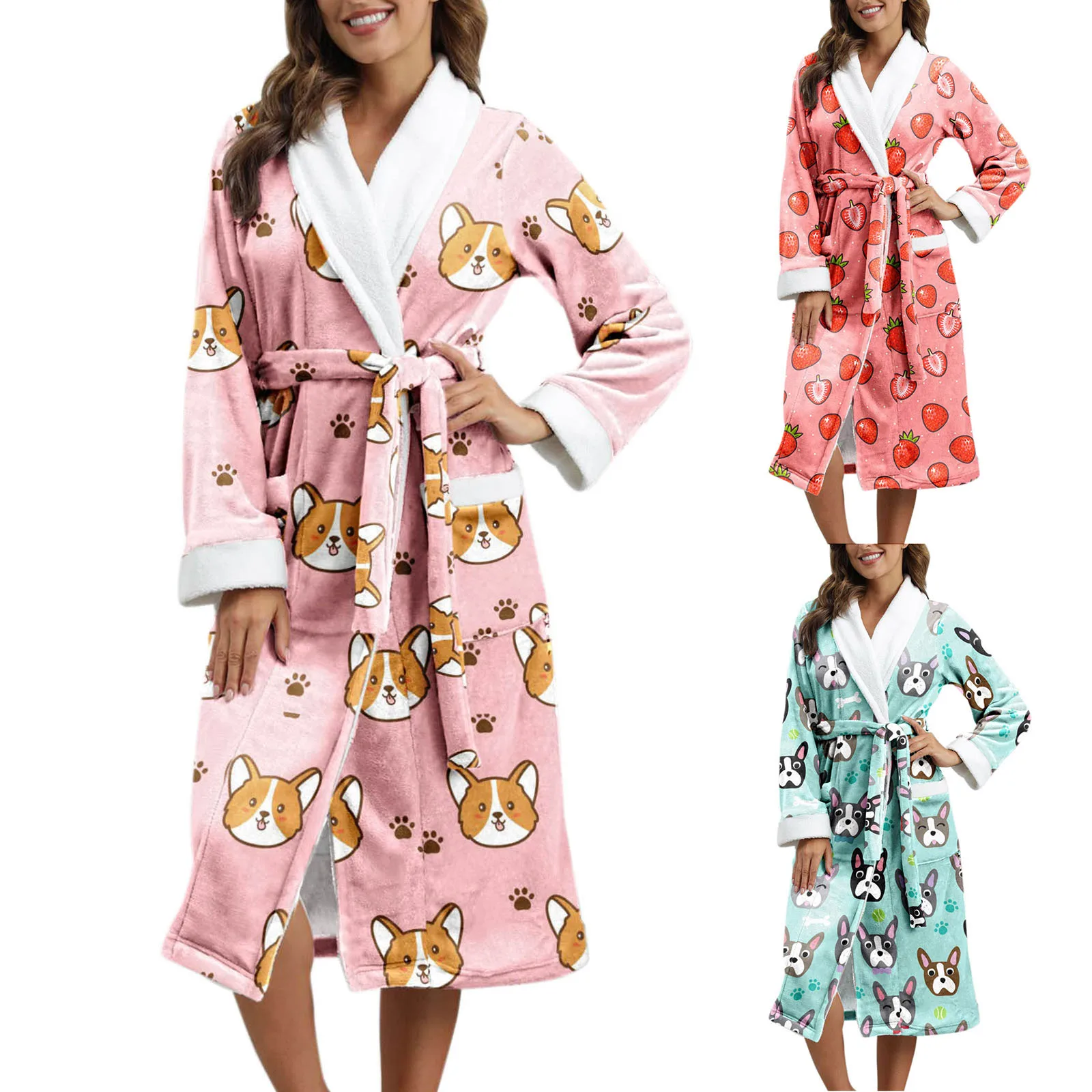 

Essentials Women's Lengthened Bathrobe Warm Trendy Animals Print Long Sleeve Lapel Splicing Winter Outwear Womens Parka Manteau
