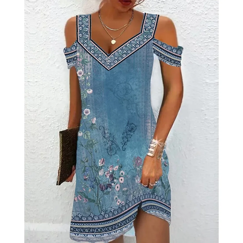 

New In Women Summer Casual Floral Tribal Print Cold Shoulder Mini Dress Female Short Sleeve A Line Dress Midi Dress Outfits 2023
