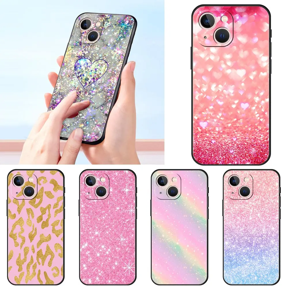 

Gold Pink Glitter Print Black Case For Apple iPhone 11 13 12 Pro 7 XR X XS Max 8 6 6s Plus 5 5S SE 2022 Soft Phone Cover Funda