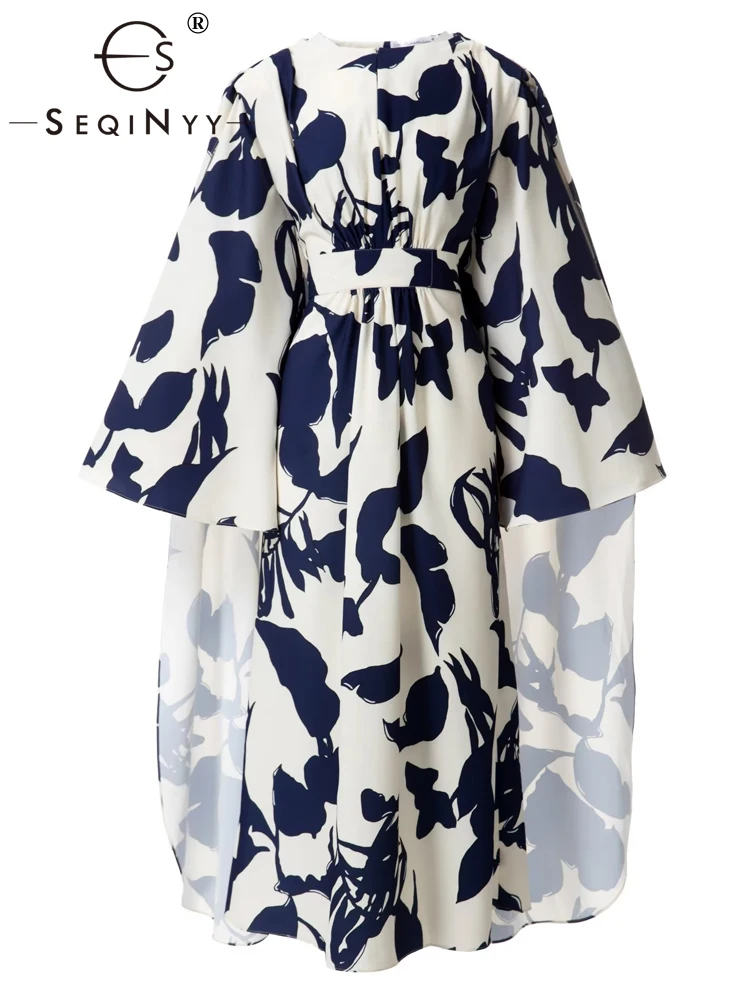 

SEQINYY Cloak Midi Dress Summer Spring New Fashion Design Women Runway Navy Flowers Print Loose Chic and Elegant Belt Casual