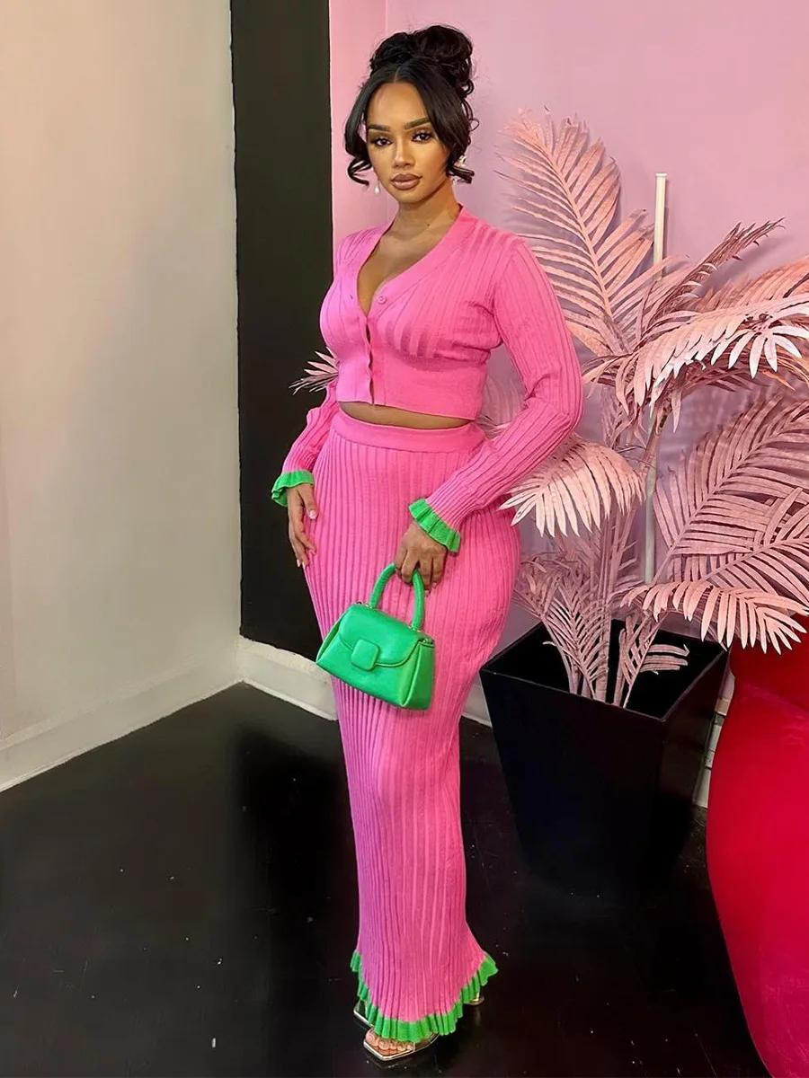 

Casual Two-piece Set Women Knit Suit Solid Color Crop Top and Tight High Waist V Neck Long Skirt Autumn 2023