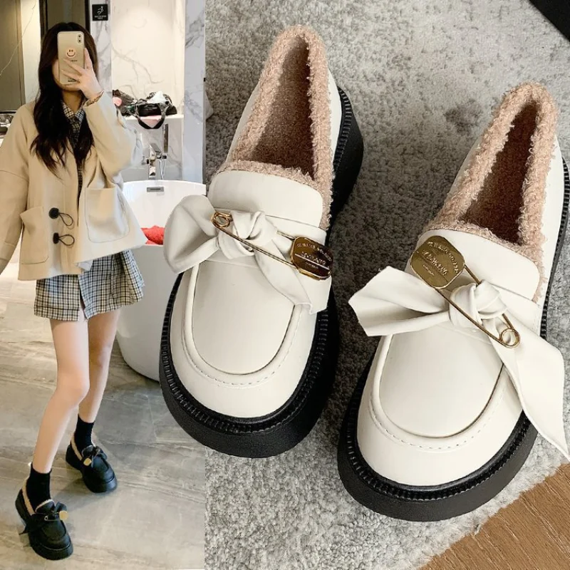 

Plus Velvet Women's Shoes Autumn and Winter New Style Platform Platform Bowknot Single Shoes Small Leather Shoes Shoes for Women
