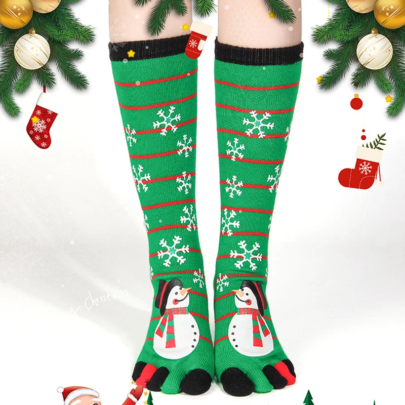 

Рождественские носки для мужчин и женщин, забавные хлопковые носки с пятью пальцами, длинные носки в полоску с принтом Санта-Клауса для мужч...