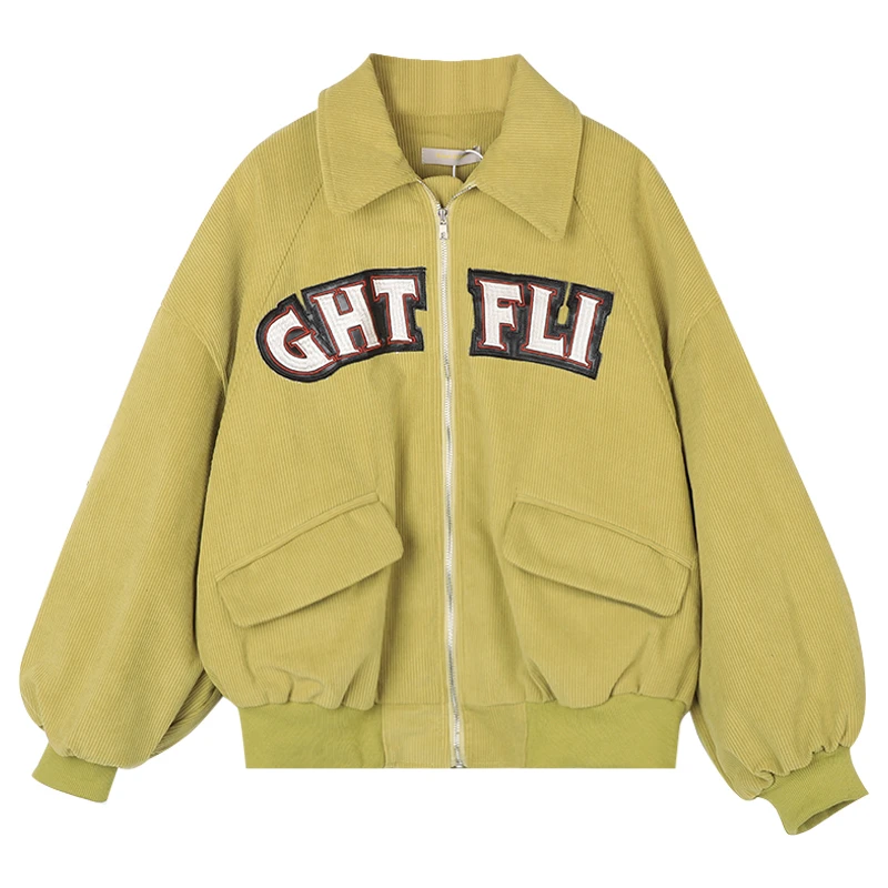 

Women New Vintage Lettered Printing Jacket 2022 Autumn Winter Turn-Down Collar Casual Loose Puff Long Sleeve Pleated Outerwear
