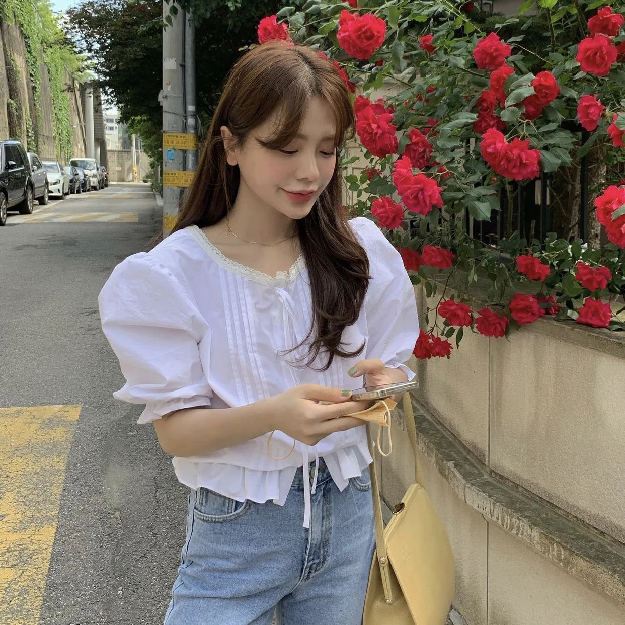 

COIGARSAM Shirt Womens Tops Cute Puff Sleeve Women Shirts Dropshipping