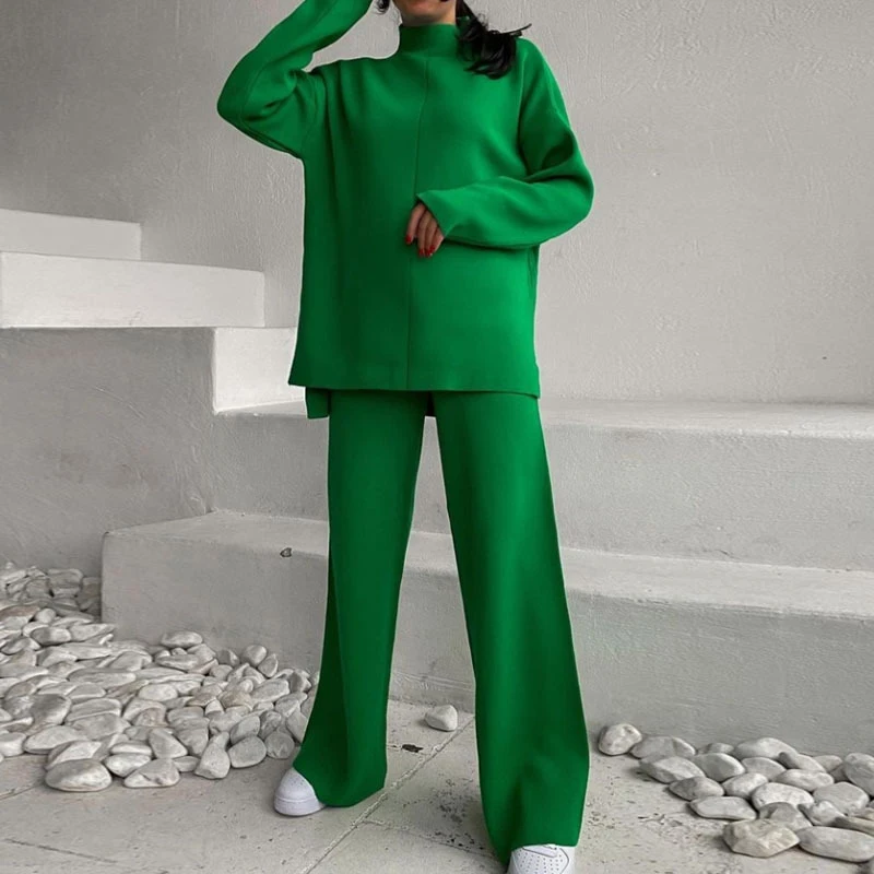 

Women Turtleneck Sweater Tracksuit Winter Loose Lady Knitted Pants Suit Solid Long Sleeve Pullover Wide Leg Trousers Casual 2022