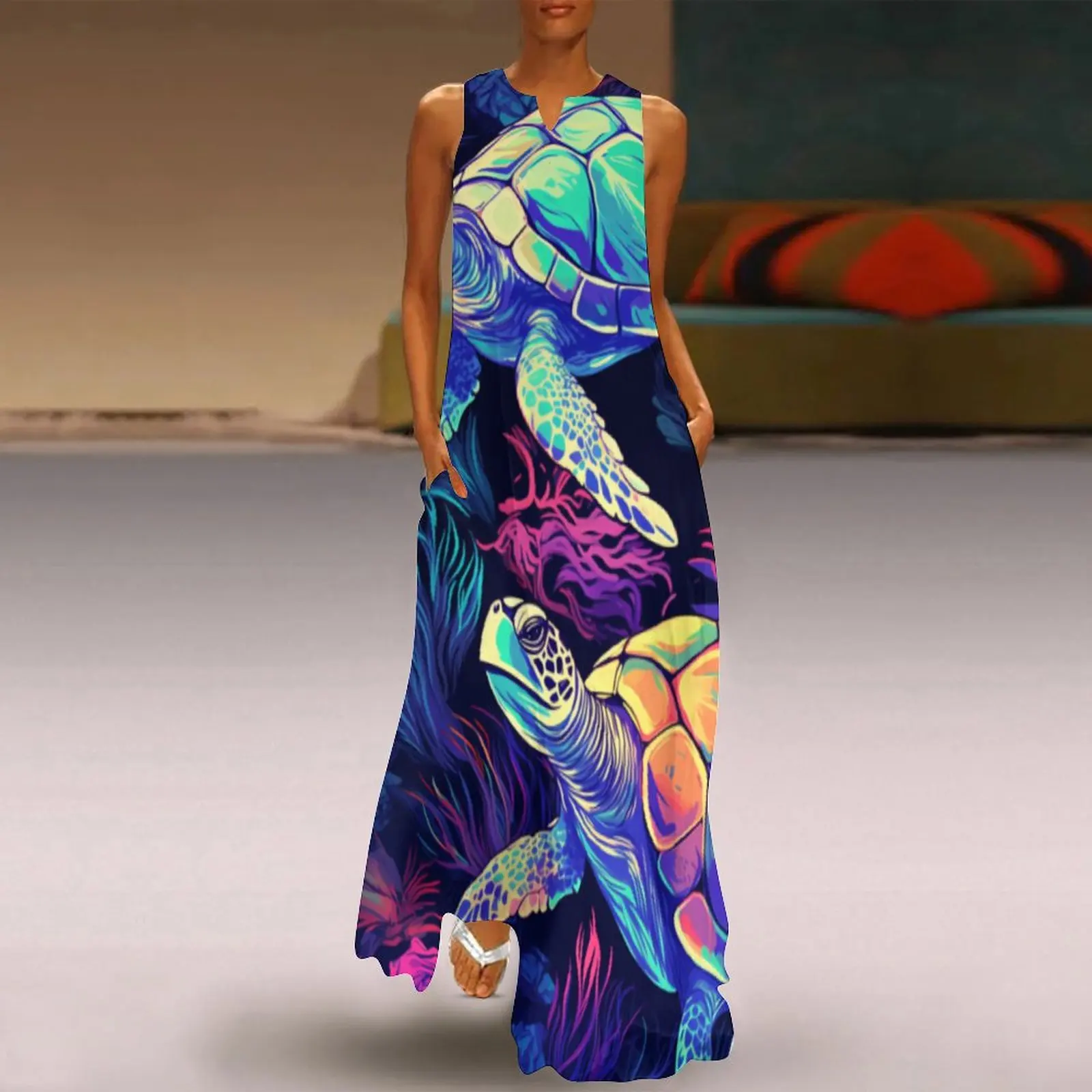 

Fashion Women's Long Dress Summer Sea TurtlePrint Evening DressCasualWomen's Dress