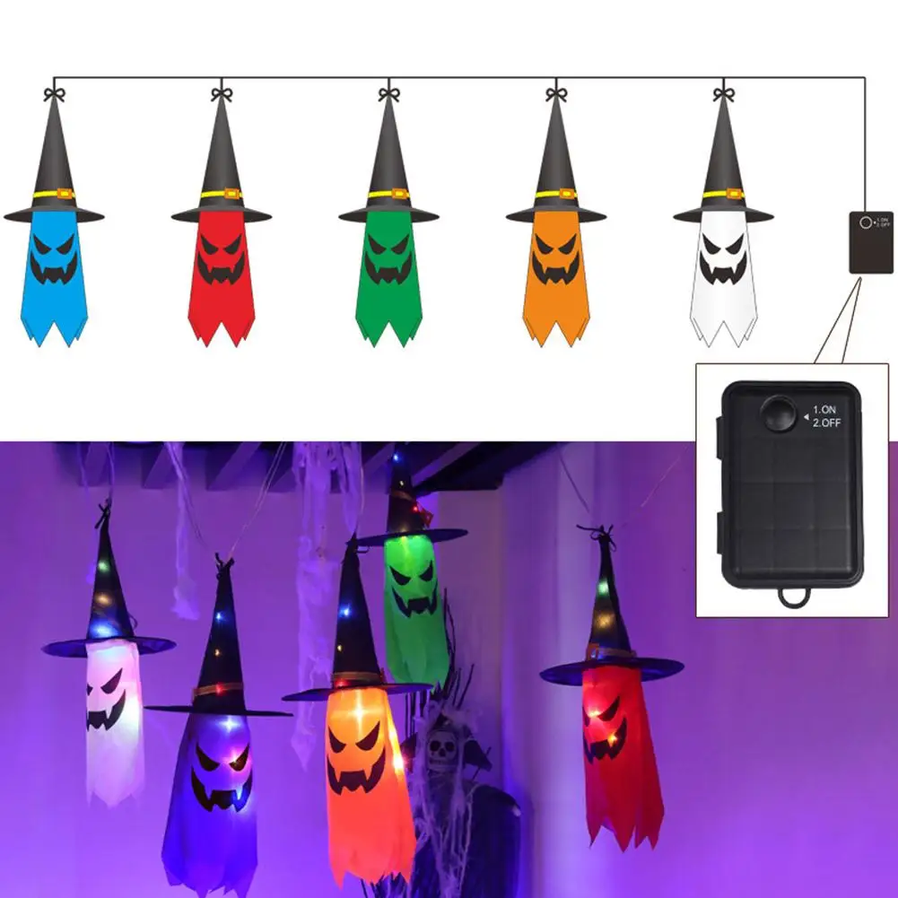 

Halloween Horror Witch Hat Lights String 5 LED Glowing Lamp Outdoor Hanging Tree Decoration Flashing Ghost Porch Yard Lamp A4U2