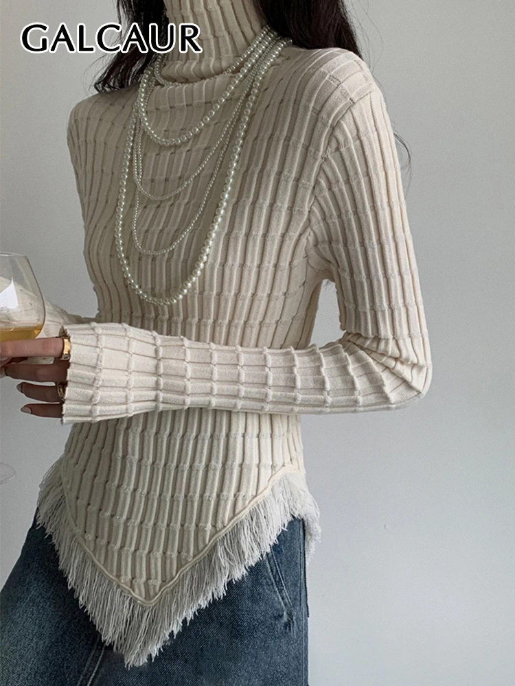 

GALCAUR Irregular Knitting Sweater Fo Women Turtleneck Long Sleeve Solid Minimalist Slim Pullover Female Clothing New 2022 Style