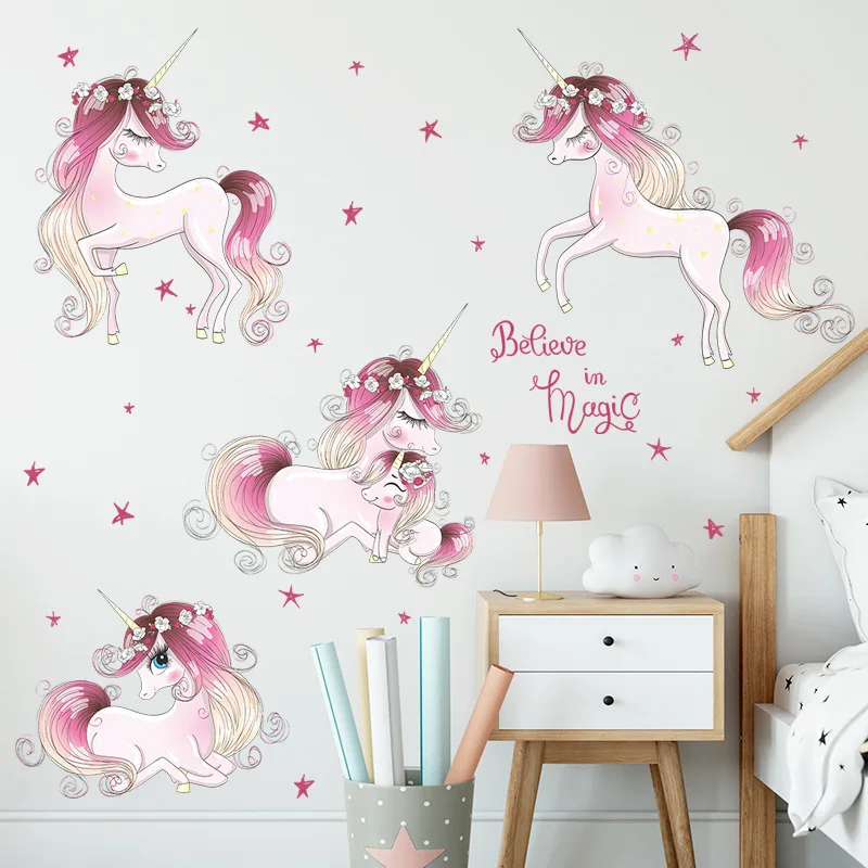 Мультяшный Розовый Единорог облако Радуга Наклейка на стену для девочек декор