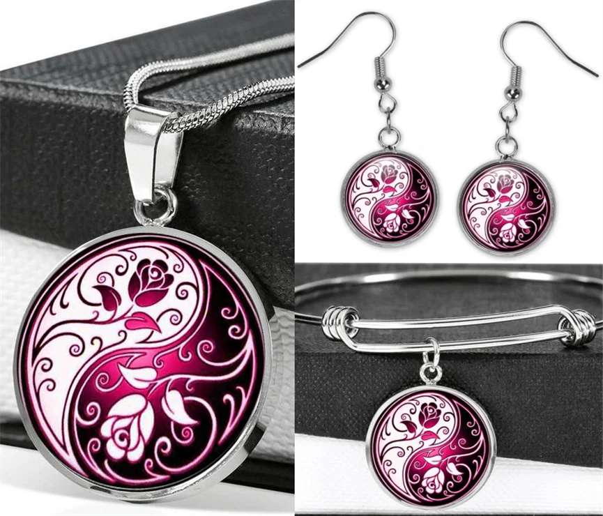 

Yin Yang Flower Necklace Earrings Stainless Steel Adjustable Bracelet Bangle Jewelry Sets（Totally 4Pcs) Women's Fashion Jewelry