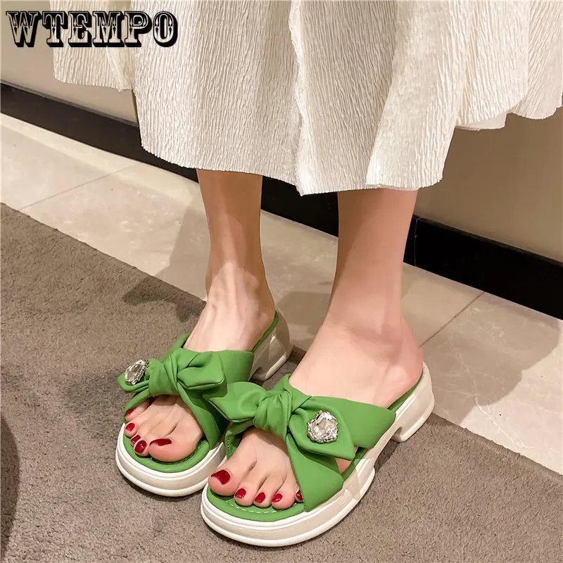 WTEMPO Summer Sandals Ladies Temperament Bow Knot Thick Bottom Slippers Casual Beach Home Wear One Word Drag Dropshipping