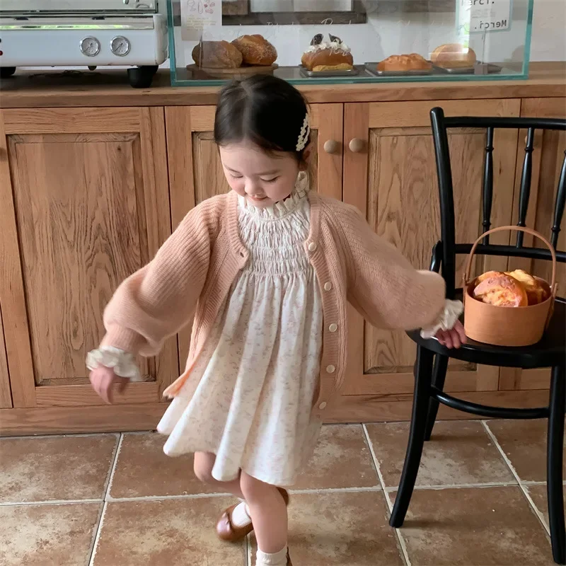 

Mom Girls' Sweater 2023 New Bubble Sleeve Knitted Cardigan Baby Coat kids clothes girls girl cardigan