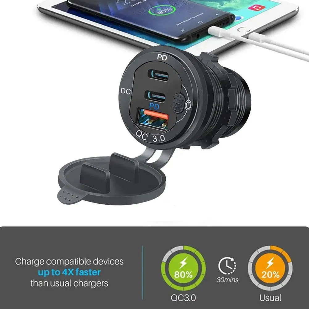 

Автомобильное зарядное устройство для RV лодки QC3.0 и PD Type C 3 порта USB разъем металлический переключатель автомобильный вольтметр быстрое зарядное устройство с алюминиевым адаптером C M2D5