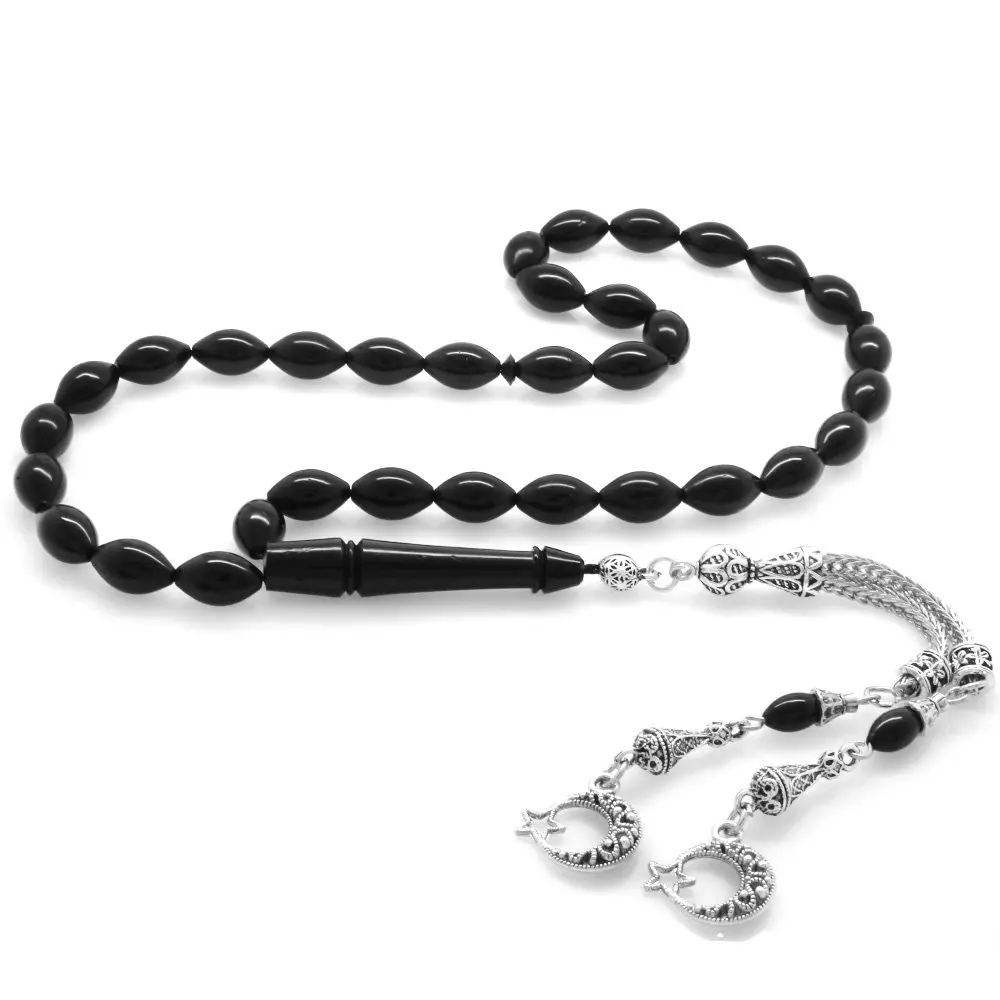 

Nipora Tarnish Metal Tasseled Imame Ring Barley Cut Black Kuka Tree Tasbih