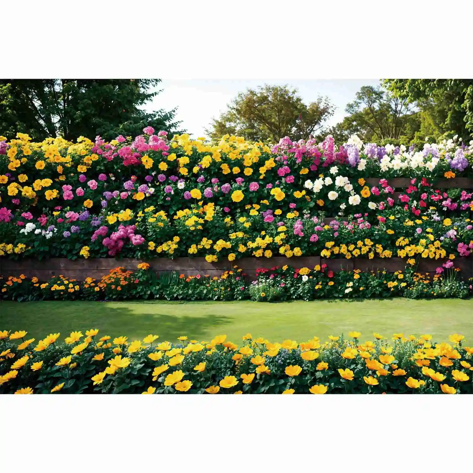 

Blossom Garden Spring Party Photography Backdrops Grassland Wooden Floral Wall Landscape Personalized Children Photo Background