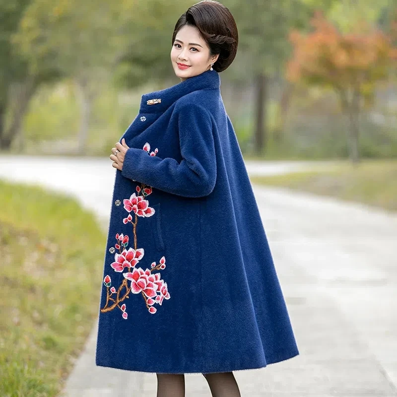 Mom Winter Women Imitation Mink Velvet Embroidered Coat Long Middle-aged Cashmere Woolen Coat Thick Top Overcoat