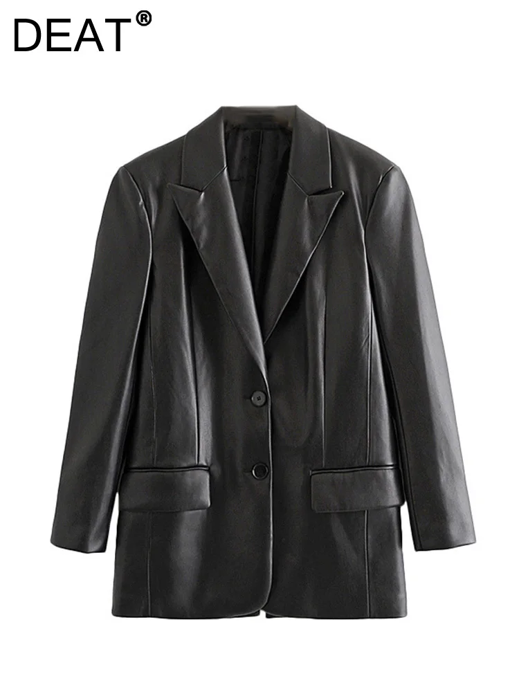 

[DEAT] Fashion Loose New Female Pu Leather Design Suit Single Breasted Split Long Sleeve Women's Casual Coat 2023 Spring 13DB394